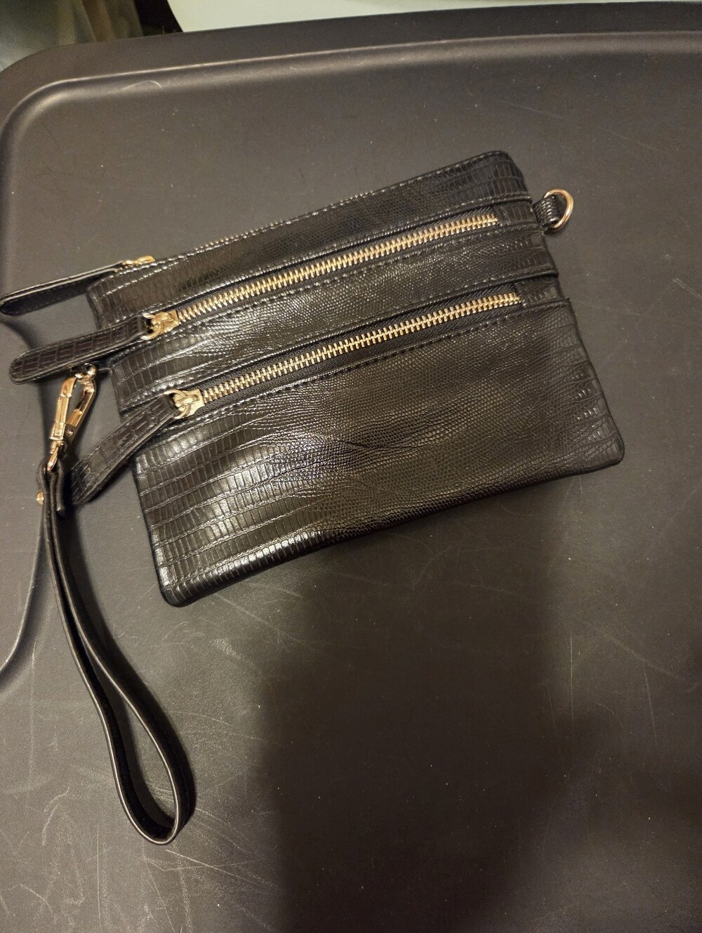 Black Croc-Texture Wristlet Clutch with Gold Zippers